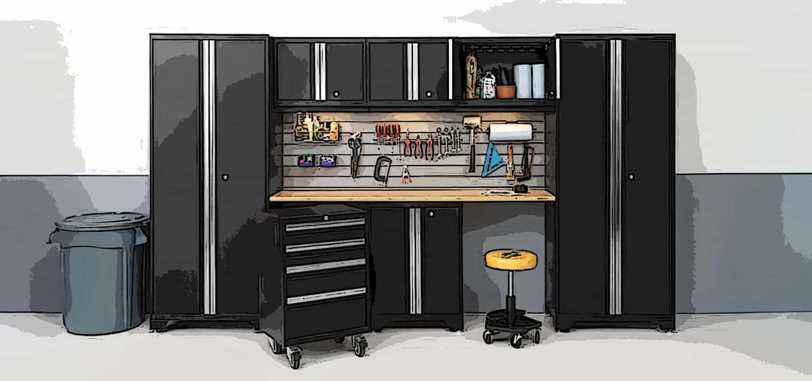 Garage Cabinet Set With Workbench Tool Organization