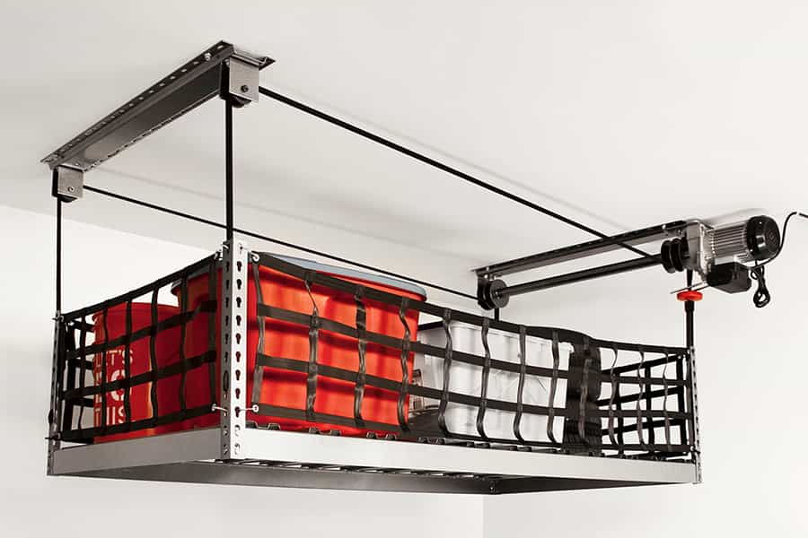 ONRAX Ascension motorized lift storage for garage, showing elevated platform with secure webbing and heavy-duty motor.