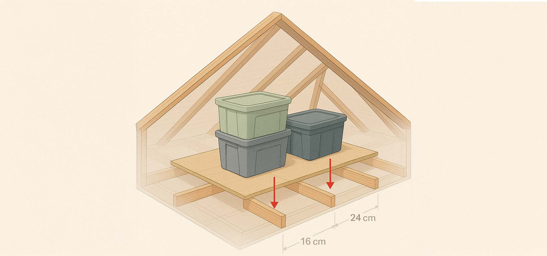 Attic Illustration Showing Plastic Bins On Plywood Supported By Joists With Spacing Dimensions Marked