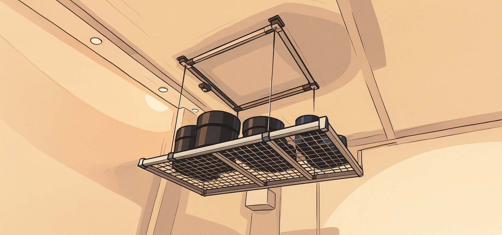 Ceiling Mounted Hoist Rack With Wire Grid And Round Storage Bins Suspended In A Garage Interior