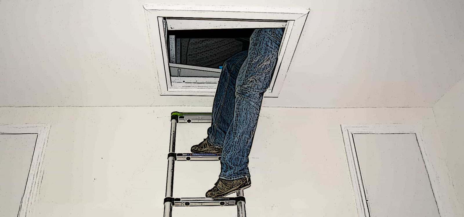 Climbing Up Extension Ladder Into Attic Hatch Opening