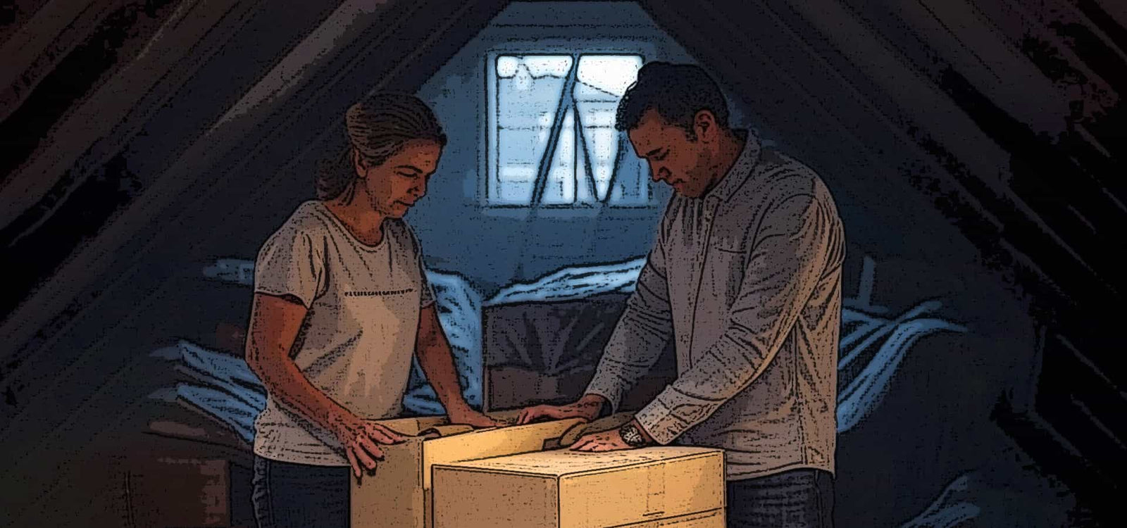 Downsizing Homeowners Unpacking Boxes In New Home Attic
