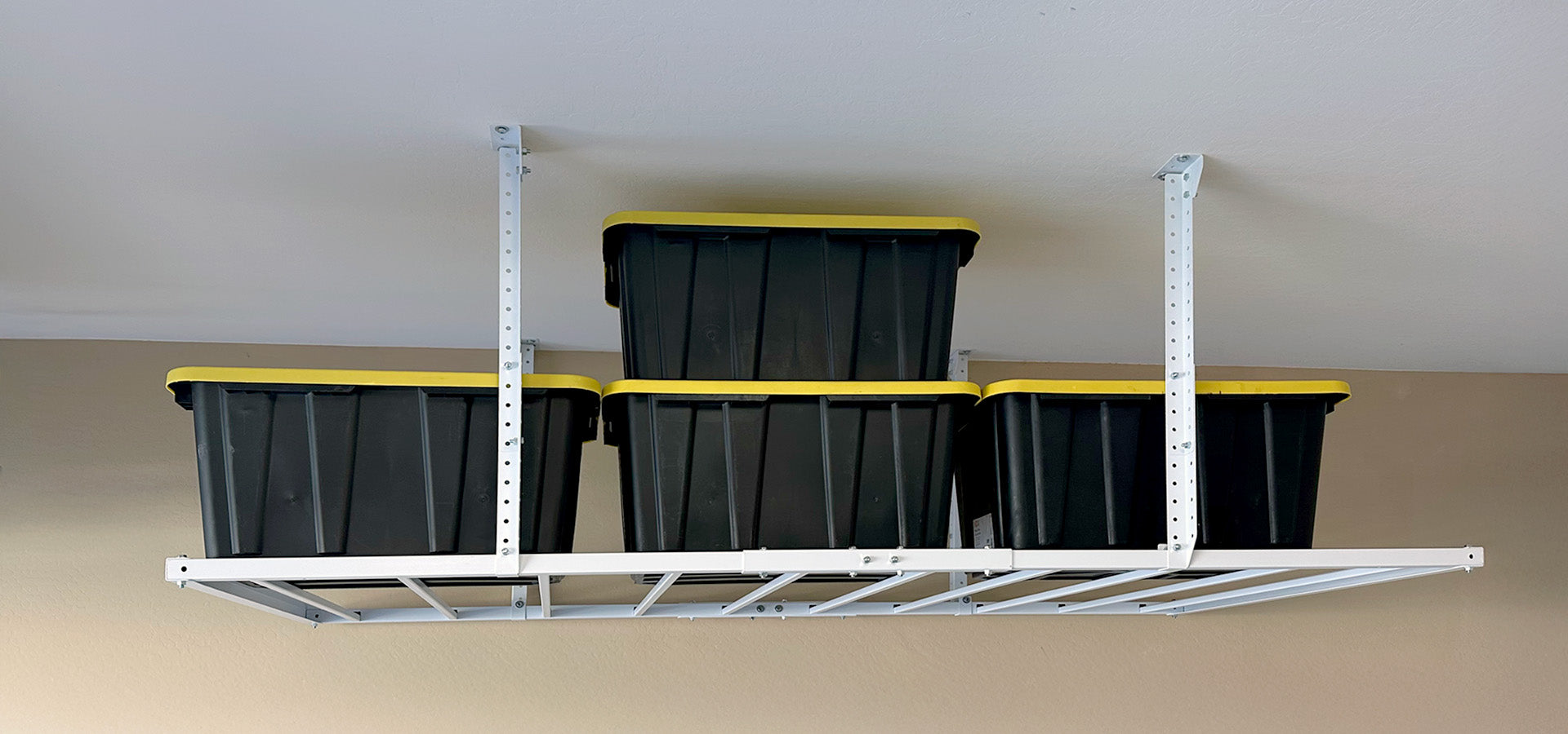 Fixed Overhead Rack With Four Storage Totes Black With Yellow Lids