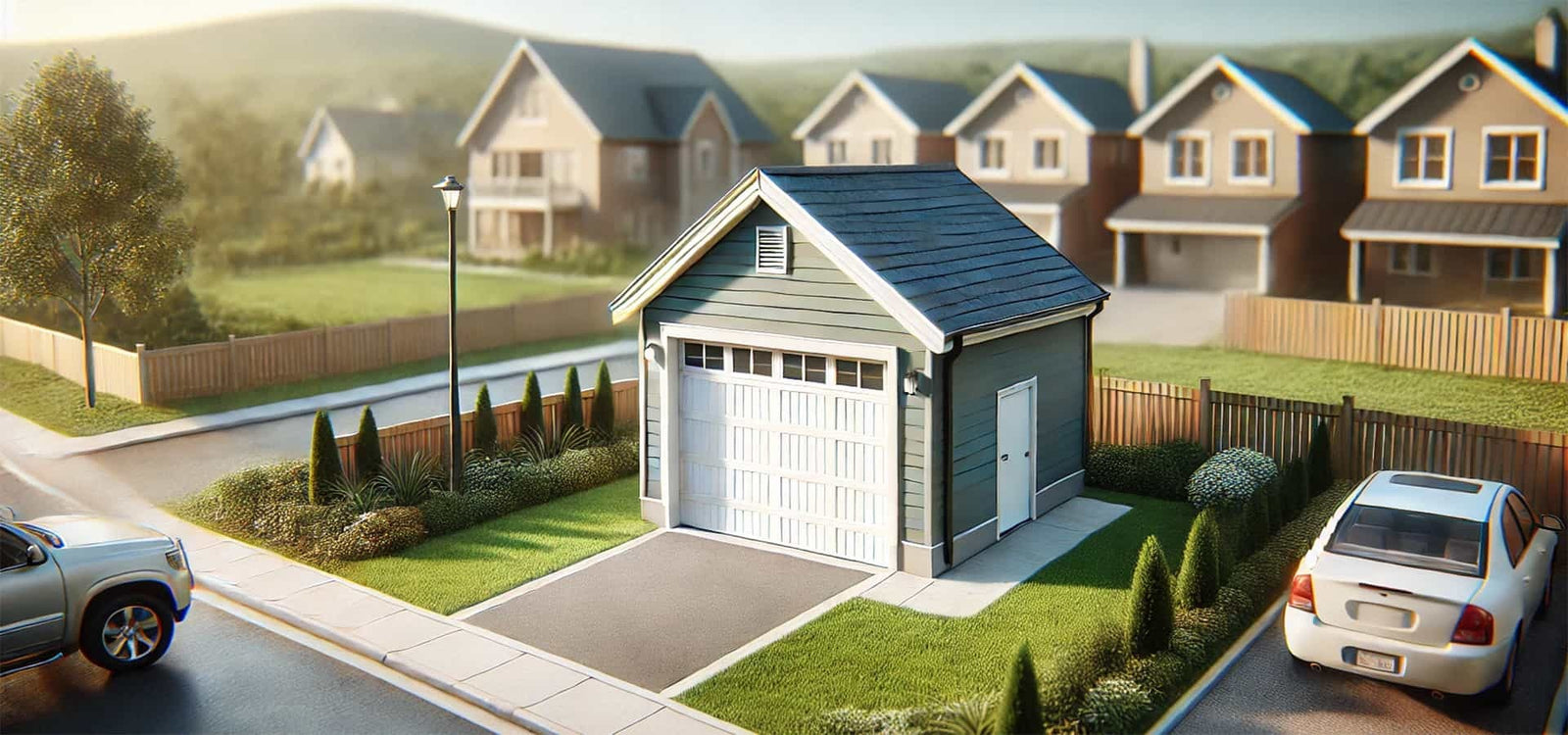 Frees Standing One Car Garage With Car Parked Outside And Houses Behind