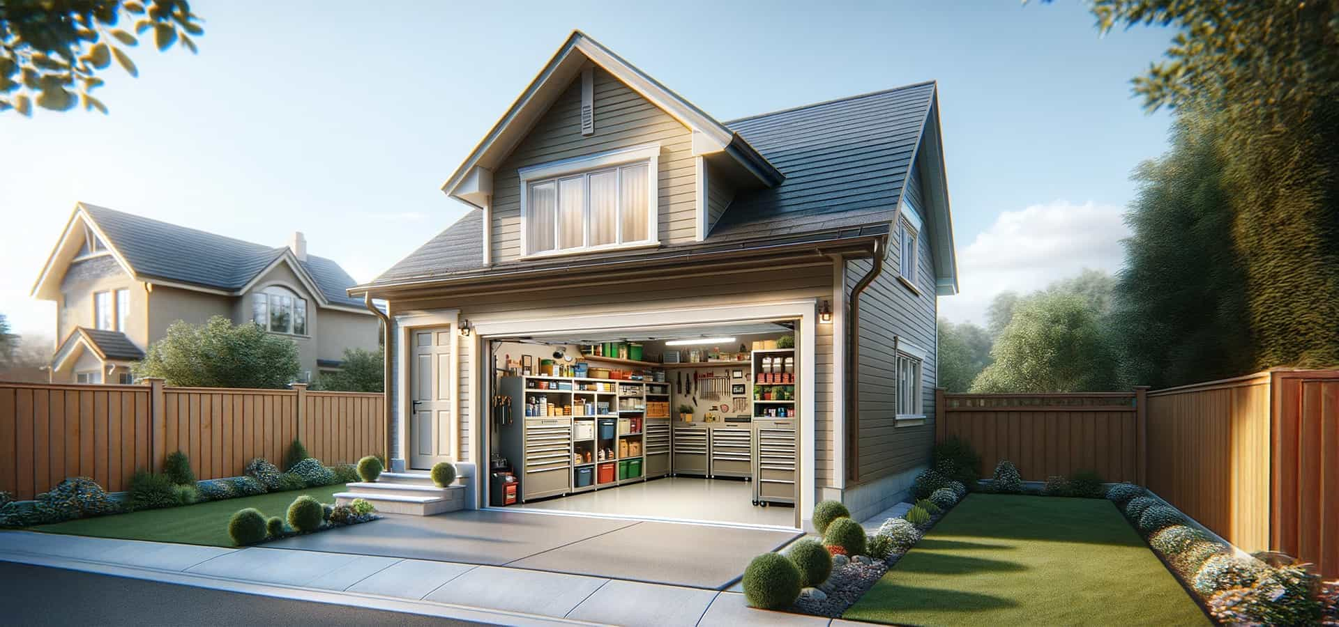 Home with Garage Door Open Revealing a Clean Neatly Organized Interior