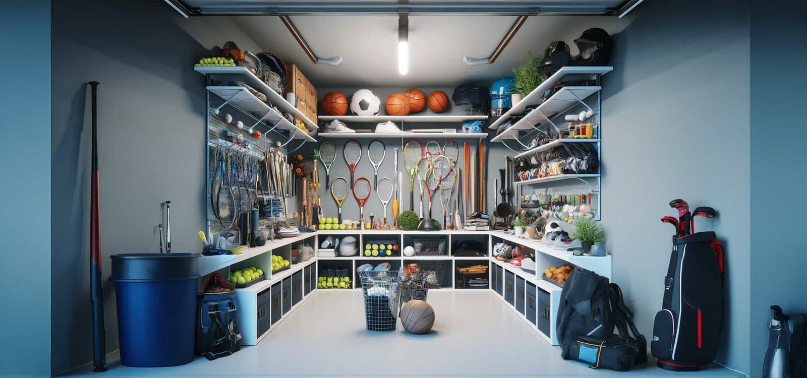 Garage Filled with Sports Gear - Neatly Organized on Shelves and Racks