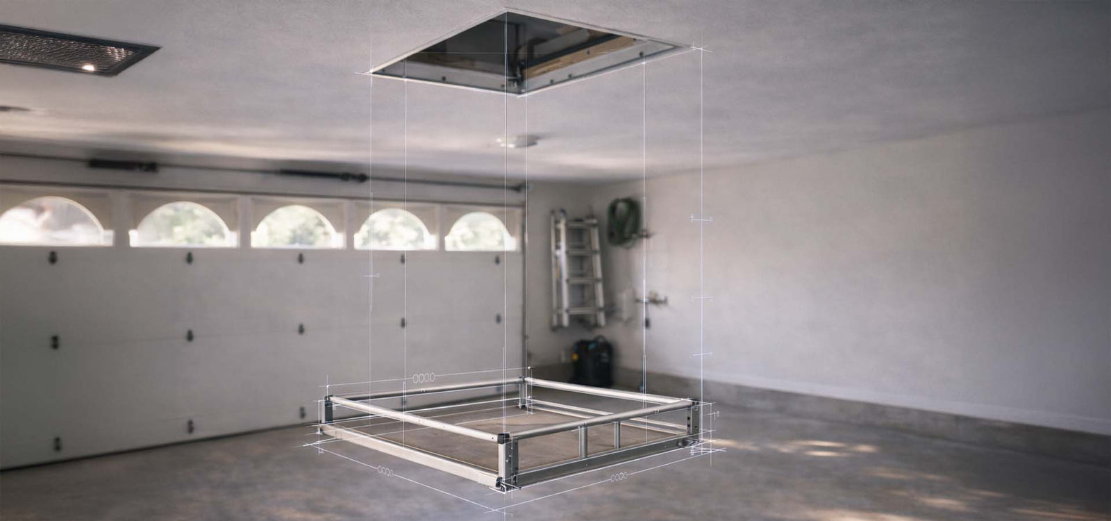 Garage Scene Showing Suspended Metal Attic Lift Platform With Transparent Blueprint Lines Indicating Its Frame Dimensions