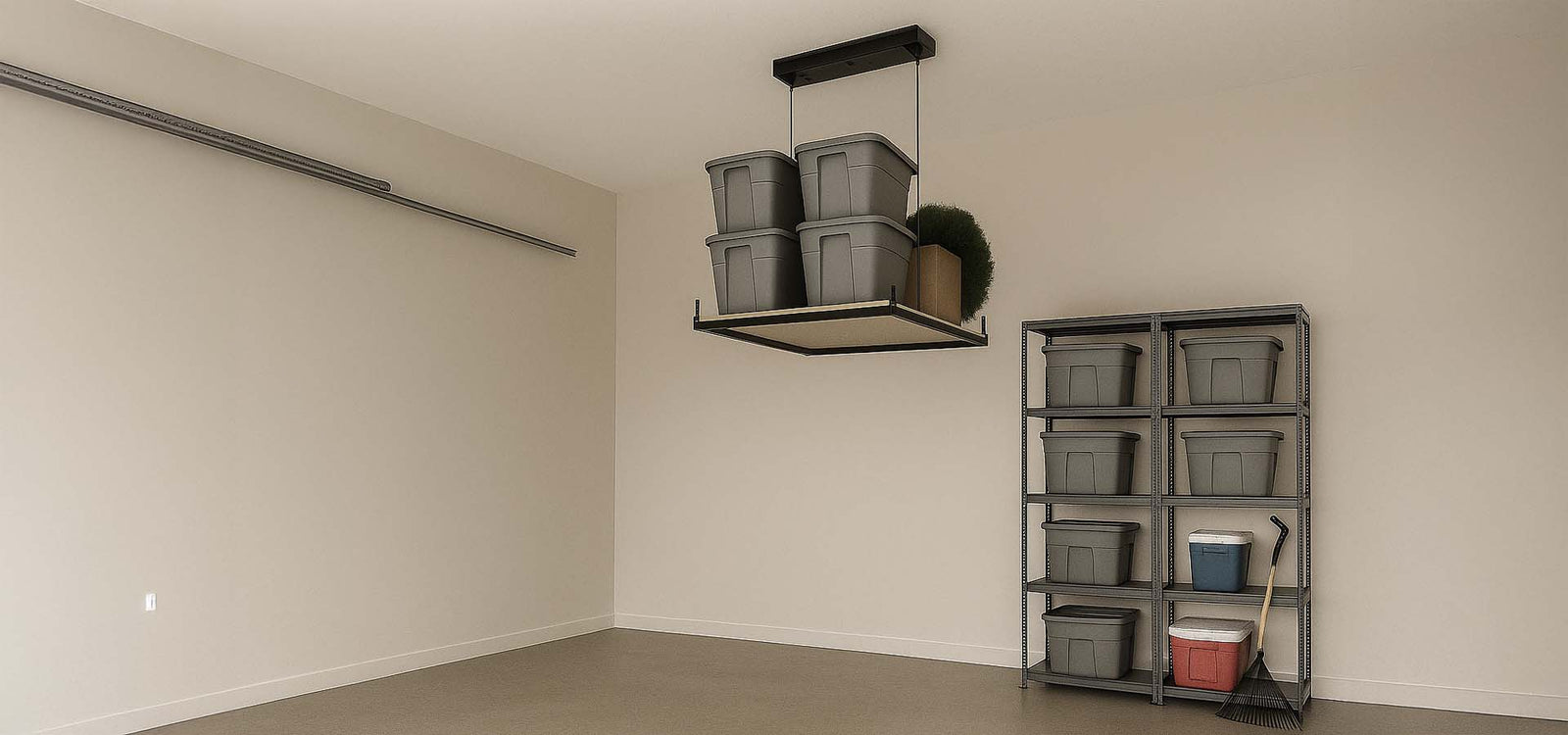 Garage With A Clean Floor And Motorized Storage Lift Holding Bins Or Seasonal Items Near The Ceiling