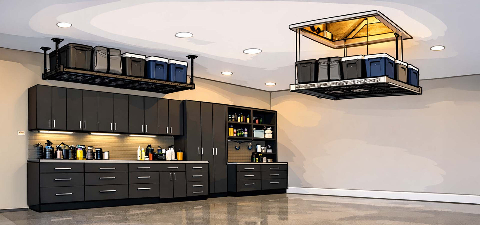 Garage With Ceiling Storage Racks And A Raised Attic Lift Platform Holding Plastic Bins