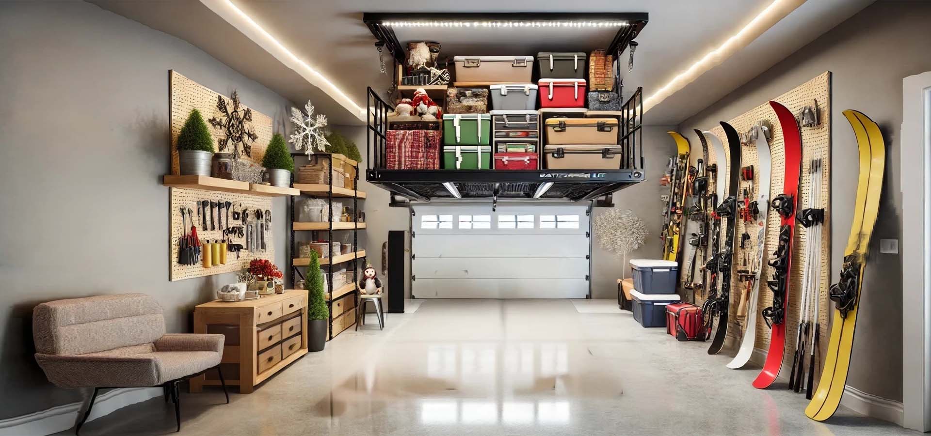 Garage With Overhead Storage Containing Seasonal Items