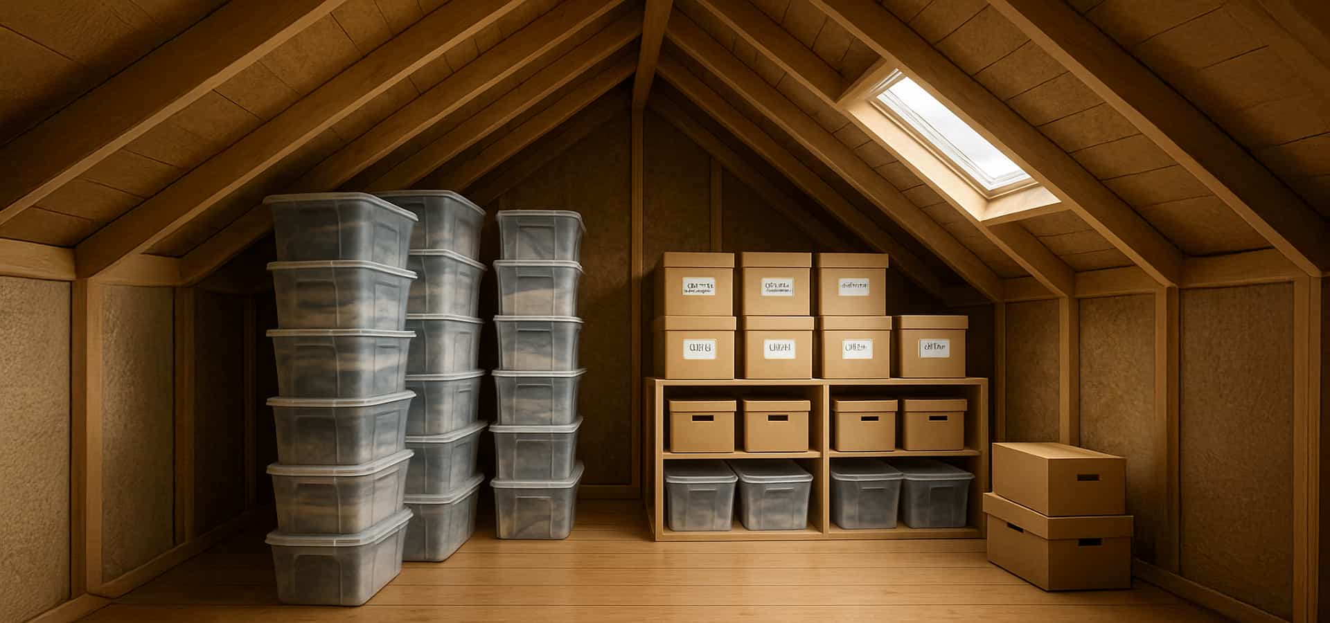 Home Attic Used for Storage with Stacked Clear Containers and Labeled Bankers Boxes