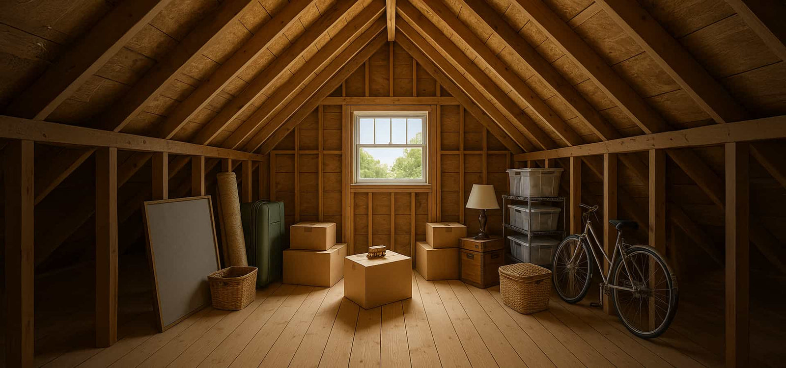 Unfinished residential attic with exposed wooden beams, cardboard boxes, plastic storage bins, a bicycle, and other household items neatly organized under natural daylight