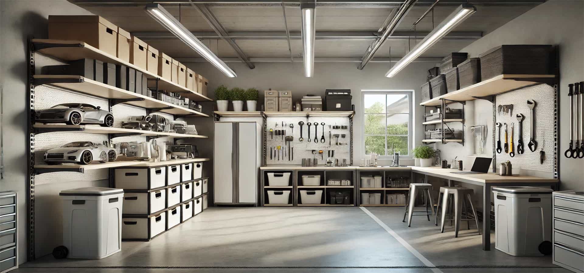 Looking into a neatly organized garage and workshop space with shelving and workbenches