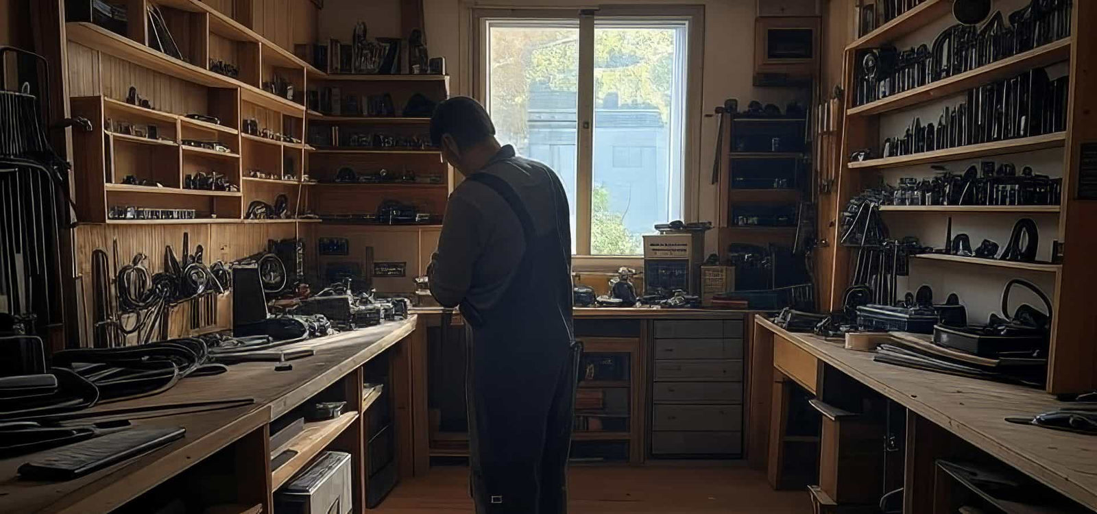 Worker Wearing Coveralls in Backlit Workshop with Tools