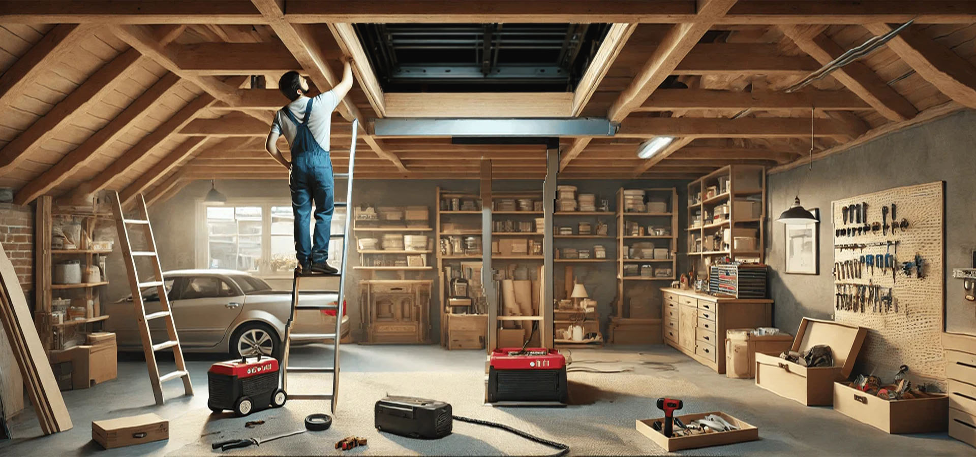 Workman on Ladder Installing a Garage Attic Lift Elevator