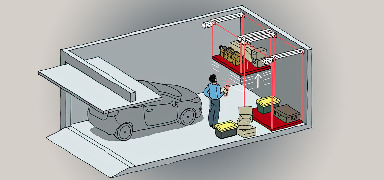 Man Operating Retractable Garage Ceiling Storage Lift Platform