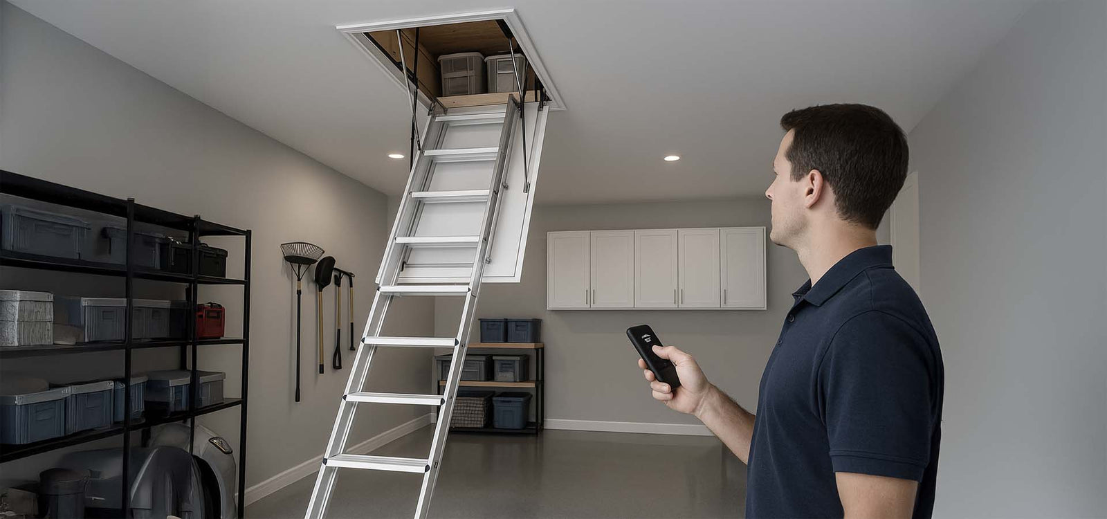 Man Uses Remote To Lower Folding Attic Ladder In Organized Garage With Storage Bins
