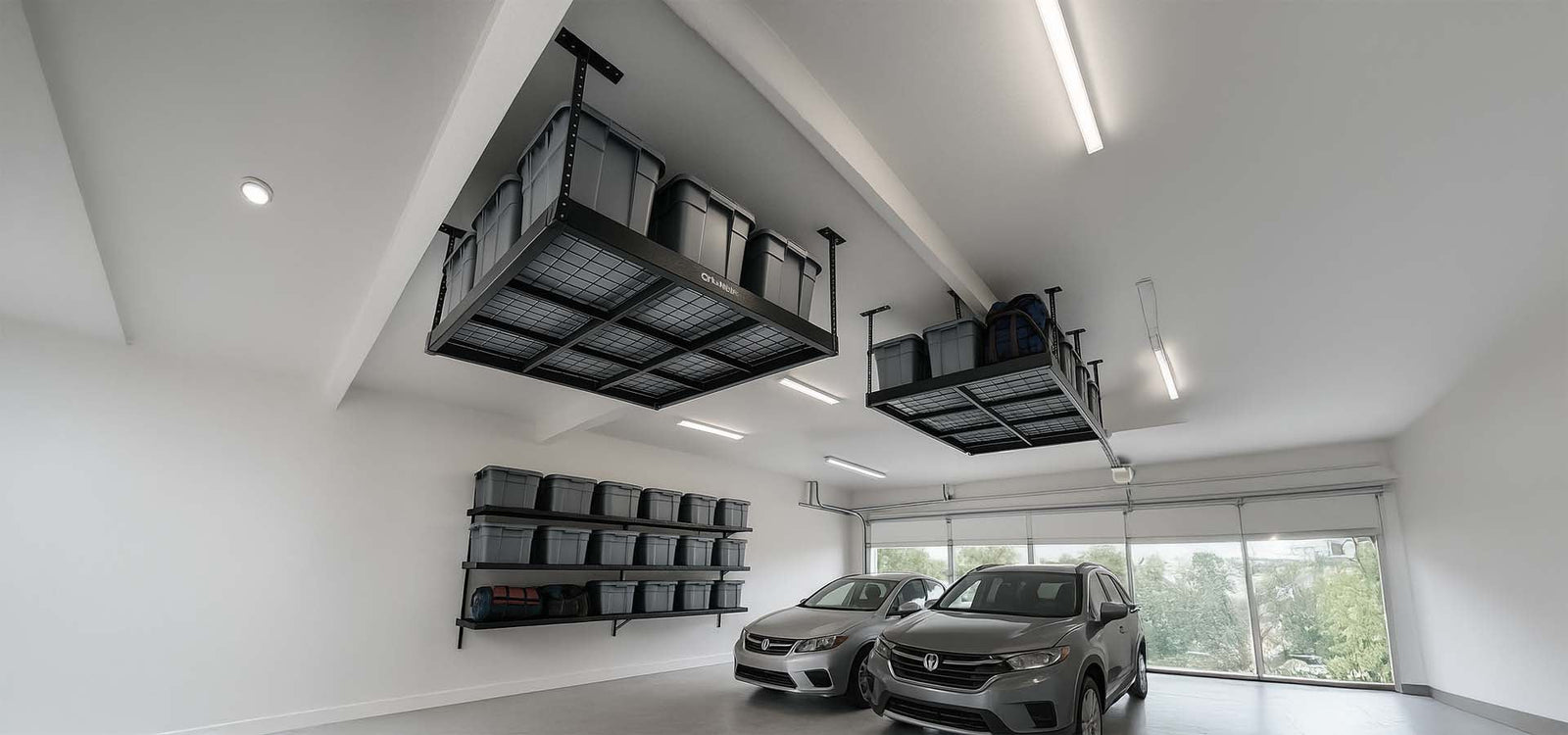 Modern Garage With Twin Ceiling-Mounted Overhead Racks And Wall Shelves Stacked With Gray Bins Above Two Parked Cars