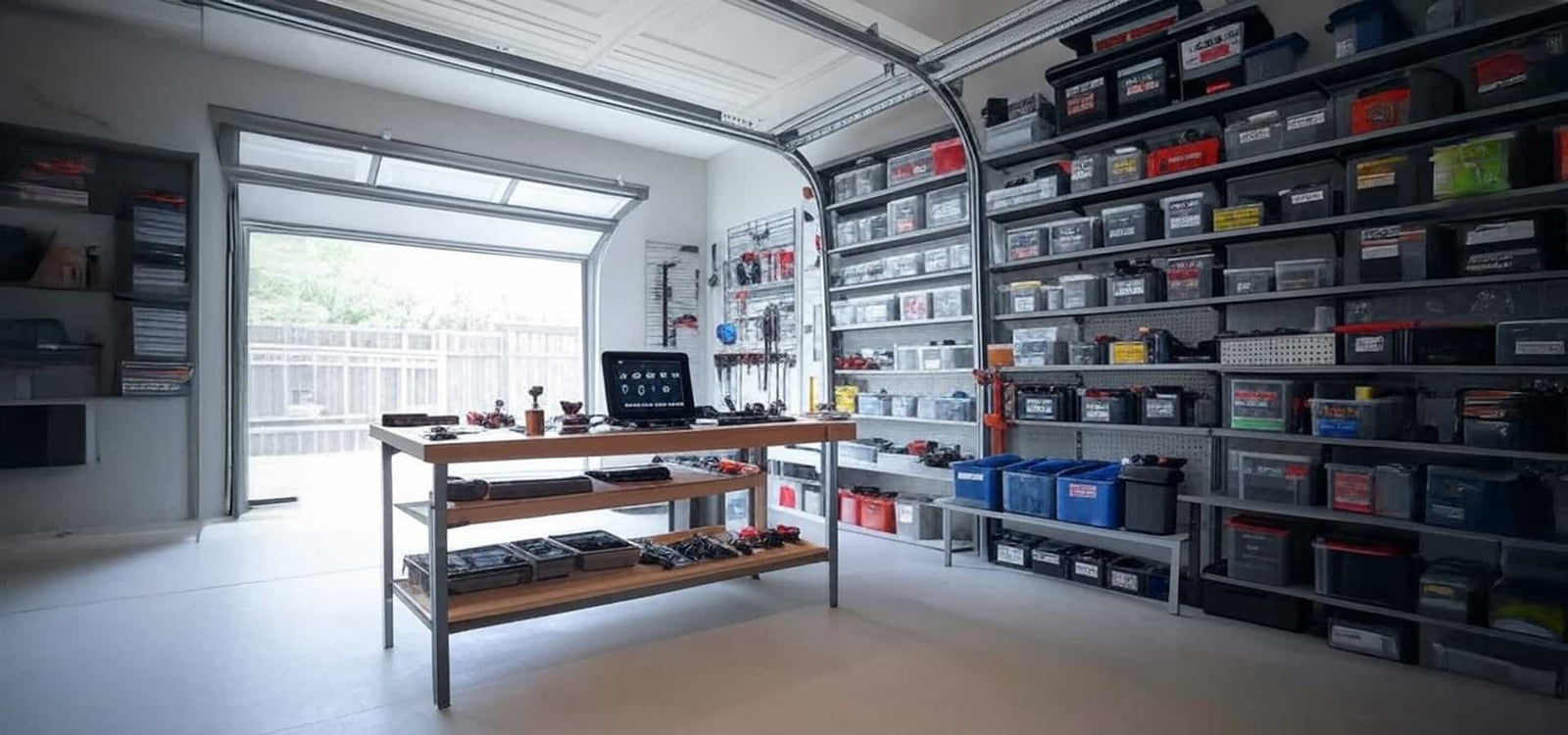 Neatly Organized Home Garage with Workbench and Shelving