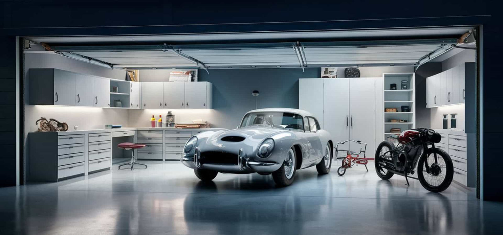 Neatly Organized Residential Garage with Storage and Exotic Car and Motorcycle