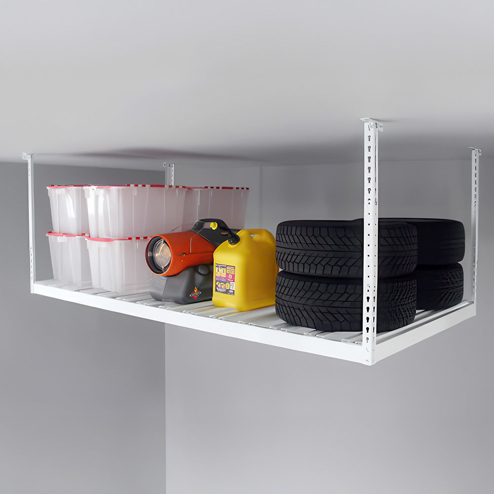 Overhead garage shelf with tires and bins.