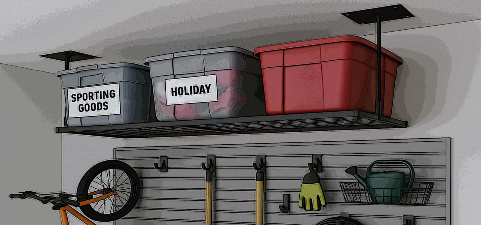 Overhead Racks Filled With Storage Bins And Wall Mounted Slat Panels