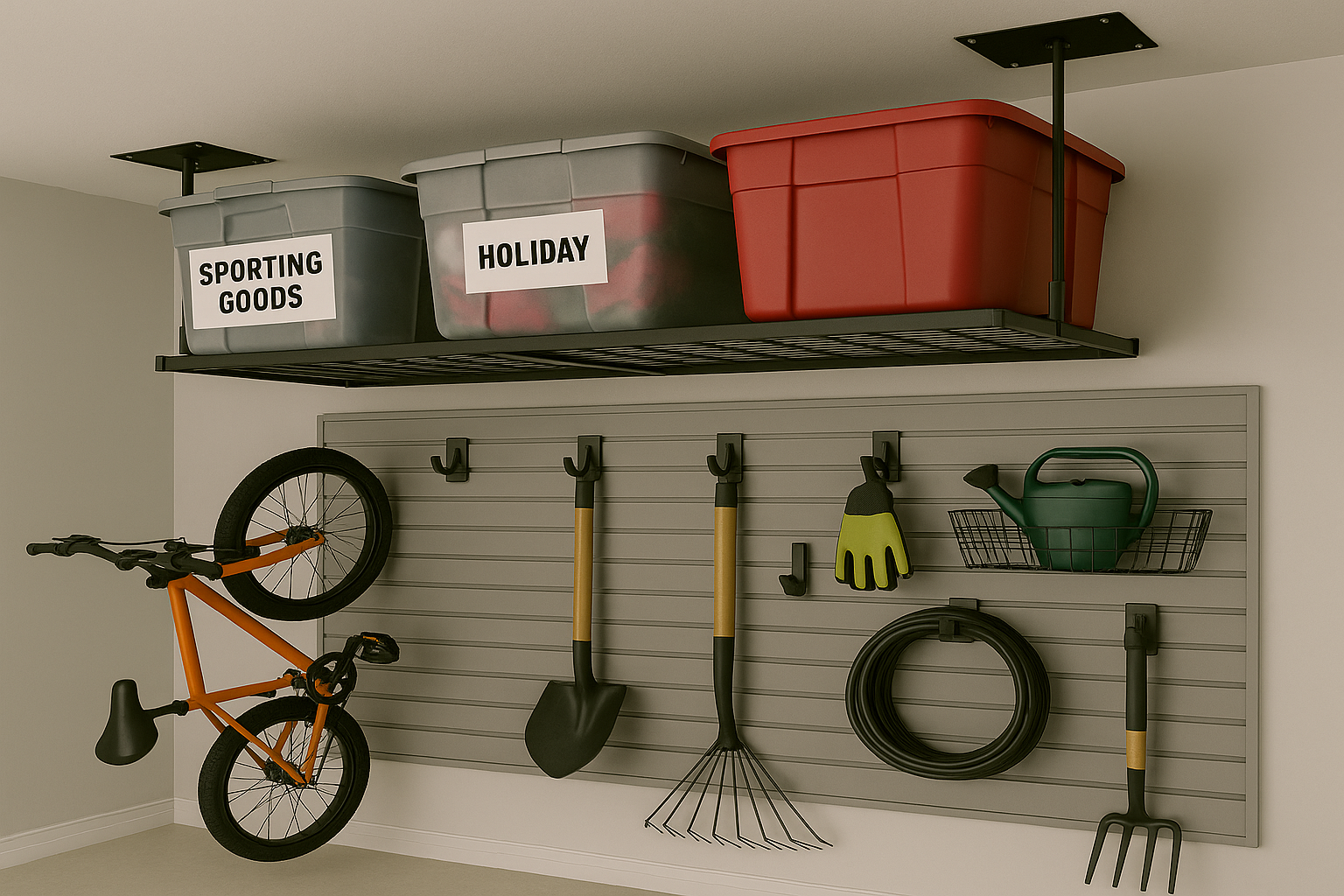 Overhead Racks Filled with Storage Bins and Wall Mounted Slatwall