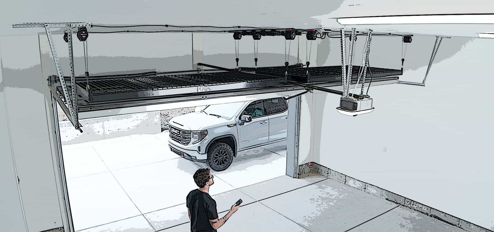 Man Operating Overhead Retractable Storage Platforms Above Garage Doors by Remote Control