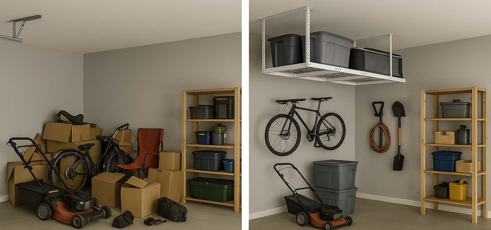 Side By Side Comparison Showing A Cluttered Garage Transformed Into An Organized Space