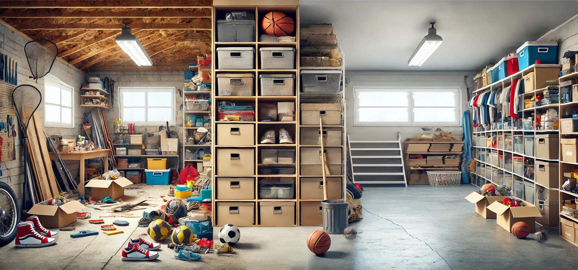 Cluttered Garage and a Neatly Organized Attic