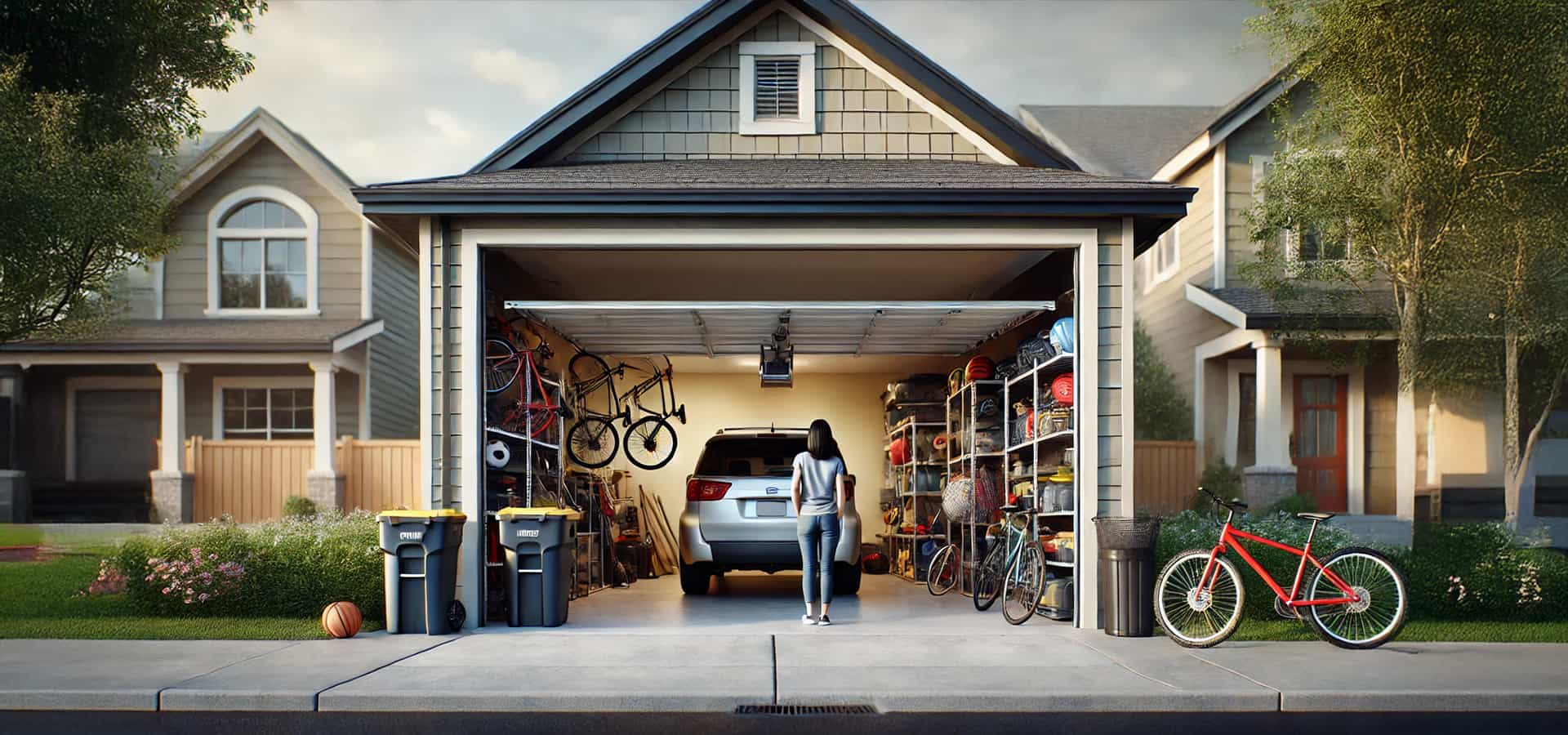 Suburban Garage with Woman Standing Outside Looking Up at Ceiling for Overhead Storage