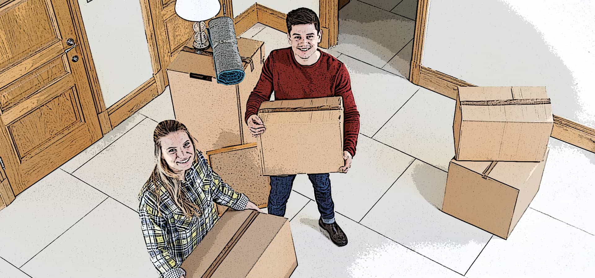 Man and Woman Preparing to Carry Boxes Up to Attic