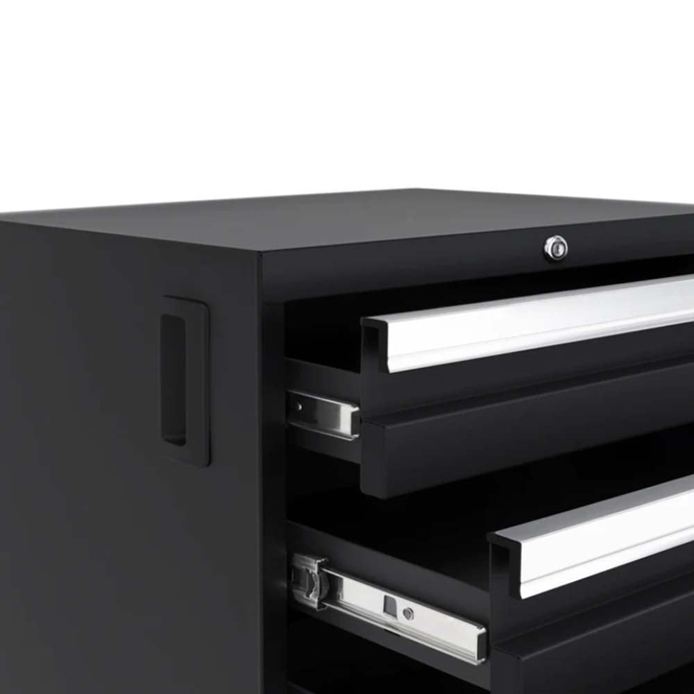 12 Piece Bold Series Cabinet Set With Lockers With A Lock On The Top Drawer Featuring Two Partially Open Drawers