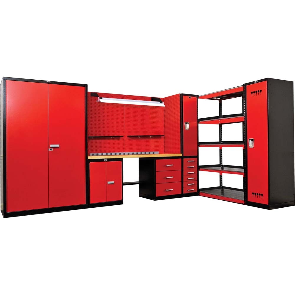 132 Inch Workbench With Steel Top With Cabinets Drawers Shelves And A Workbench