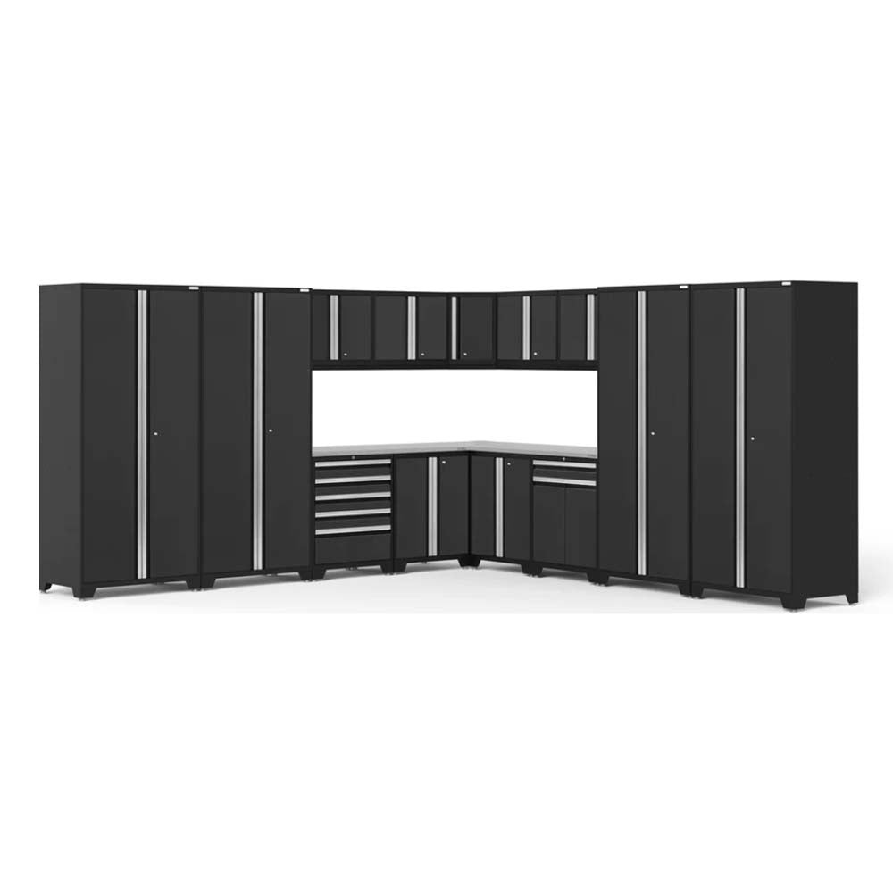 16 Piece Garage Cabinet Corner Set Pro 3.0 Series Featuring Multiple Tall Cabinets, Drawers, And Overhead Storage Units