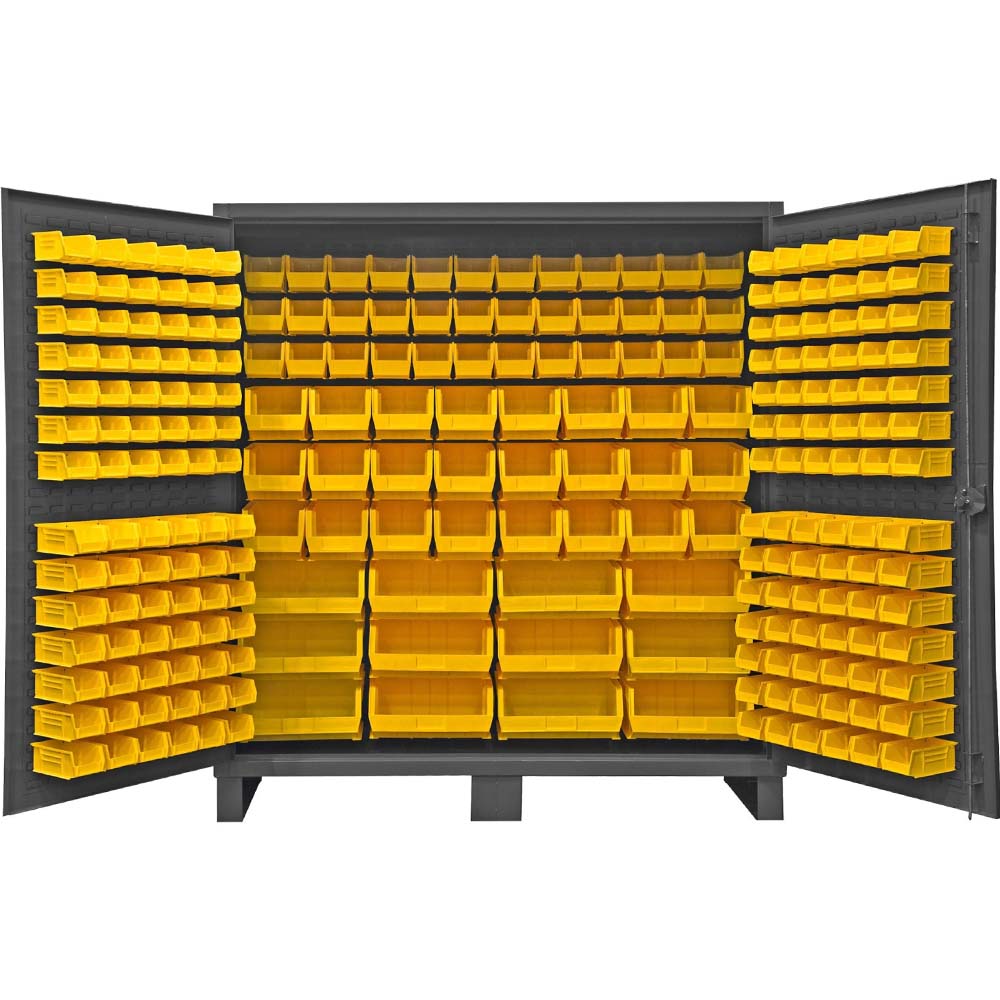 240 Bin Durham Cabinet 72x24x78 With Open Doors Filled With Numerous Yellow Bins Organized Neatly On Shelves