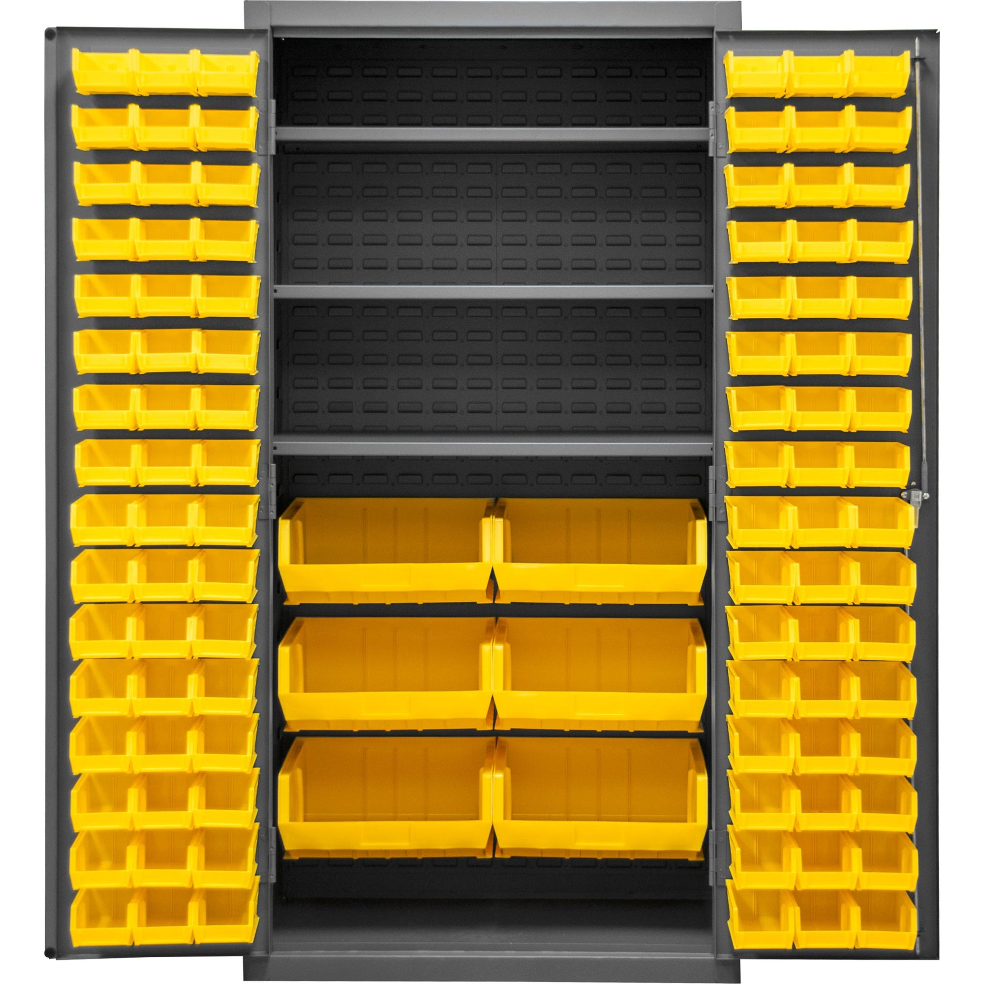 Dark Slate Gray Durham Cabinet, 102 Yellow Bins, 3 Shelves, 36 X 24 X 72