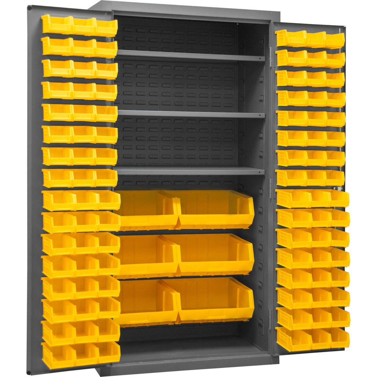 Goldenrod Durham Cabinet, 102 Yellow Bins, 3 Shelves, 36 X 24 X 72
