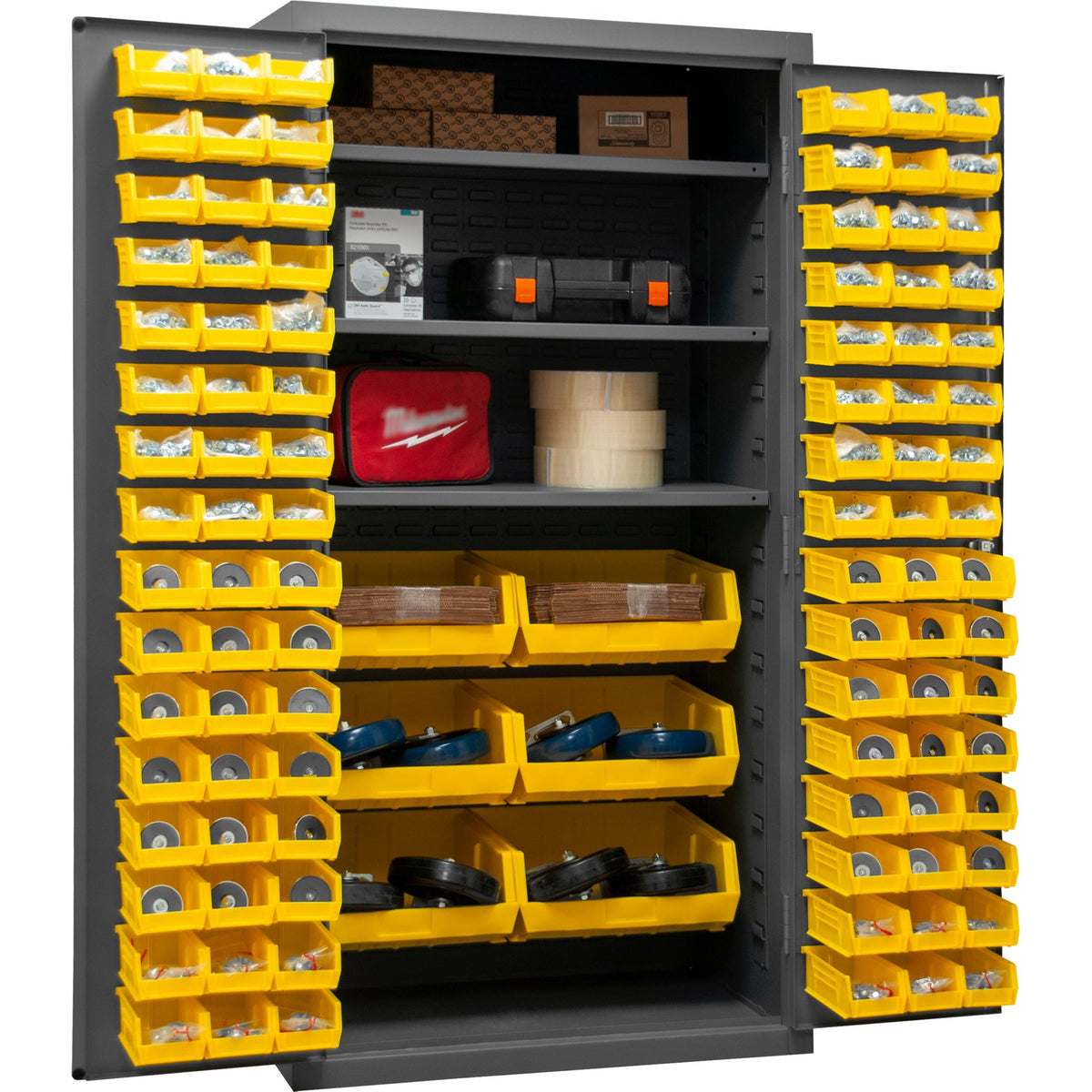 Dark Slate Gray Durham Cabinet, 102 Yellow Bins, 3 Shelves, 36 X 24 X 72