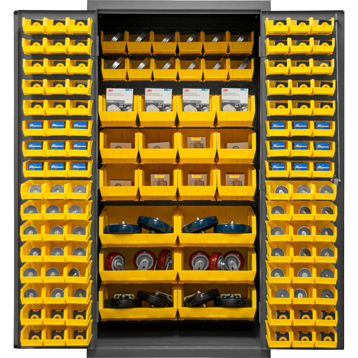 Saddle Brown Durham Bin Cabinet, 126 Yellow Bins, 36 X 24 X 72