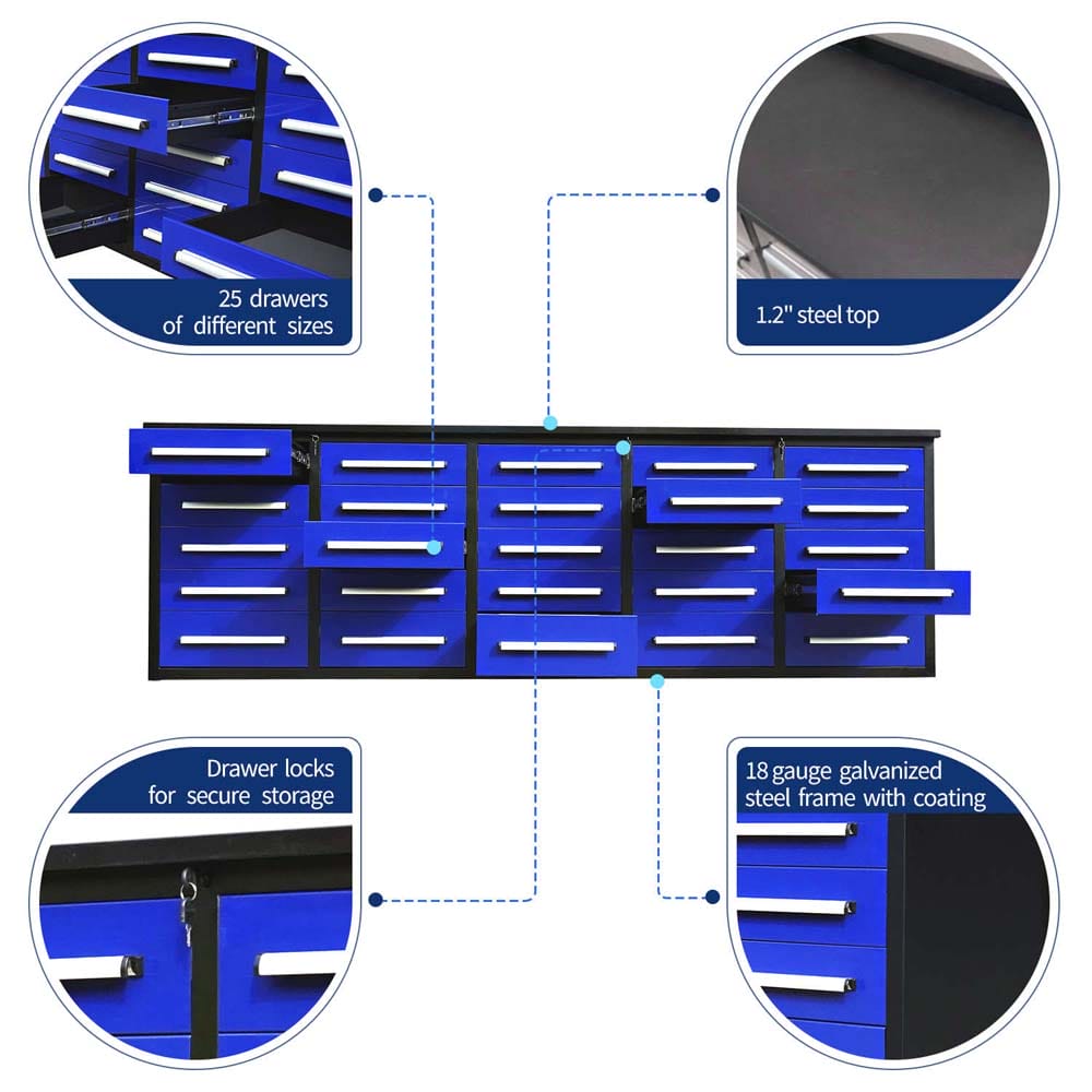 25 Drawer Workbench With A 1.2 Inch Steel Top Locking Drawers And An 18 Gauge Galvanized Steel Frame