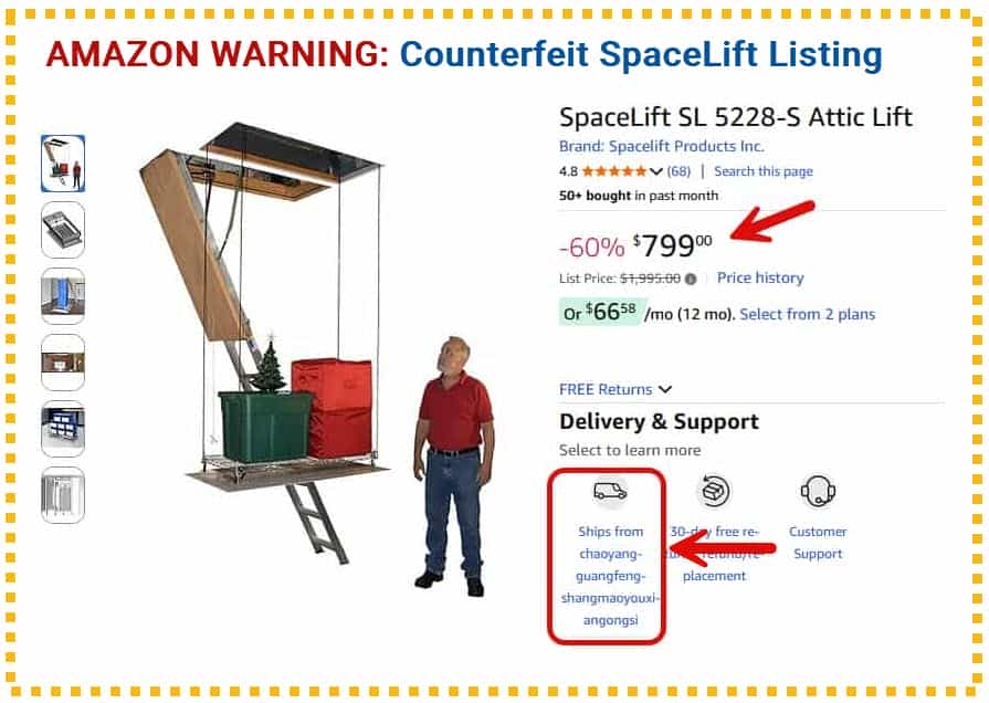 Counterfeit SpaceLift Amazon Listing