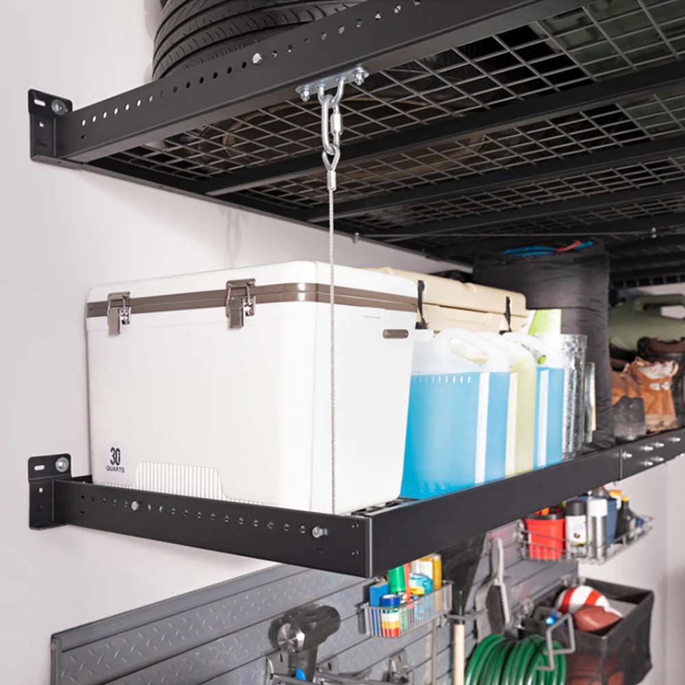 2 Ft X 4 Ft Wall Mounted Metal Shelf Pro Series 2PC Featuring A Large White Cooler Secured By A Chain Various Storage Containers And Tools