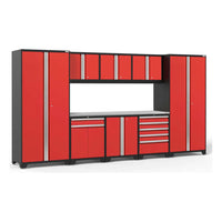 2 Piece Set With Project Center And 42 In. Locker In Red And Black Featuring Multiple Tall Cabinets, Drawers, And A Workspace Area