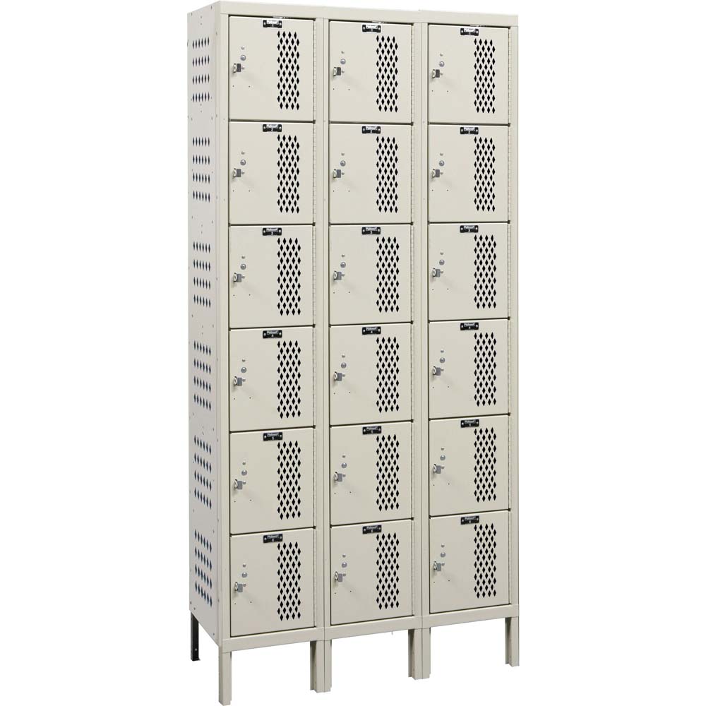 3-Wide 6-Tier HDV Locker Tan Assembled Hallowell Each Containing Six Individual Compartments With Ventilated Doors Standing On Raised Legs