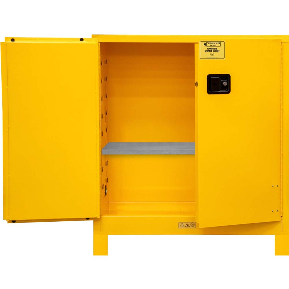 30 Gallon Flammable Cabinet Durham 43x18x50 With Its Doors Open Revealing An Interior Shelf