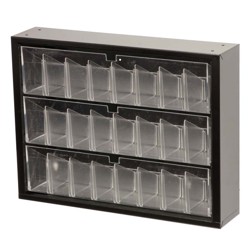 3 Tray Tip Out Cabinet Featuring Three Horizontal Rows Of Transparent Eight Compartments