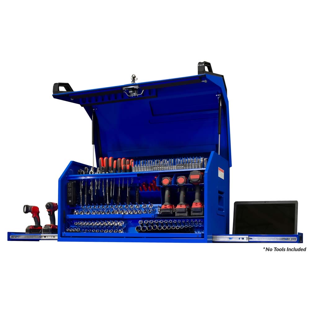 41-Inch Portable Workstation With An Open Lid Displaying Organized Slots For Various Tools And Accessories