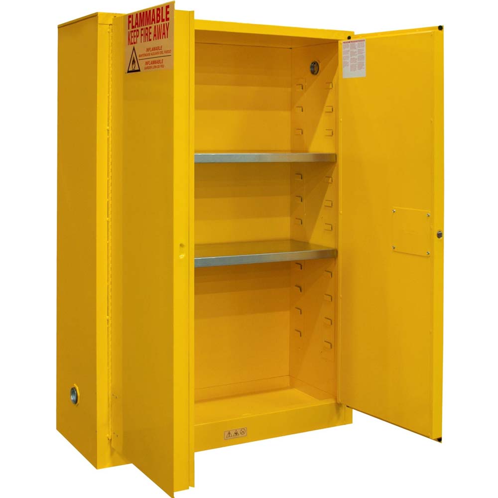 45 Gallon Manual Storage Cabinet Durham With Two Shelves And An Open Door Displaying A Flammable Keep Fire Away Warning Sign