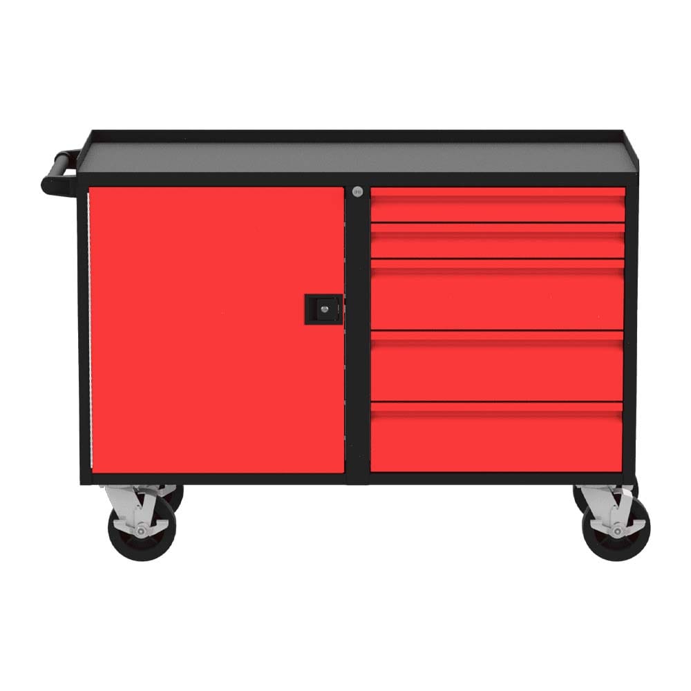 48 Inch Valley Craft Workbench Featuring A Large Door On The Left And Five Drawers On The Right And A Handle On The Side